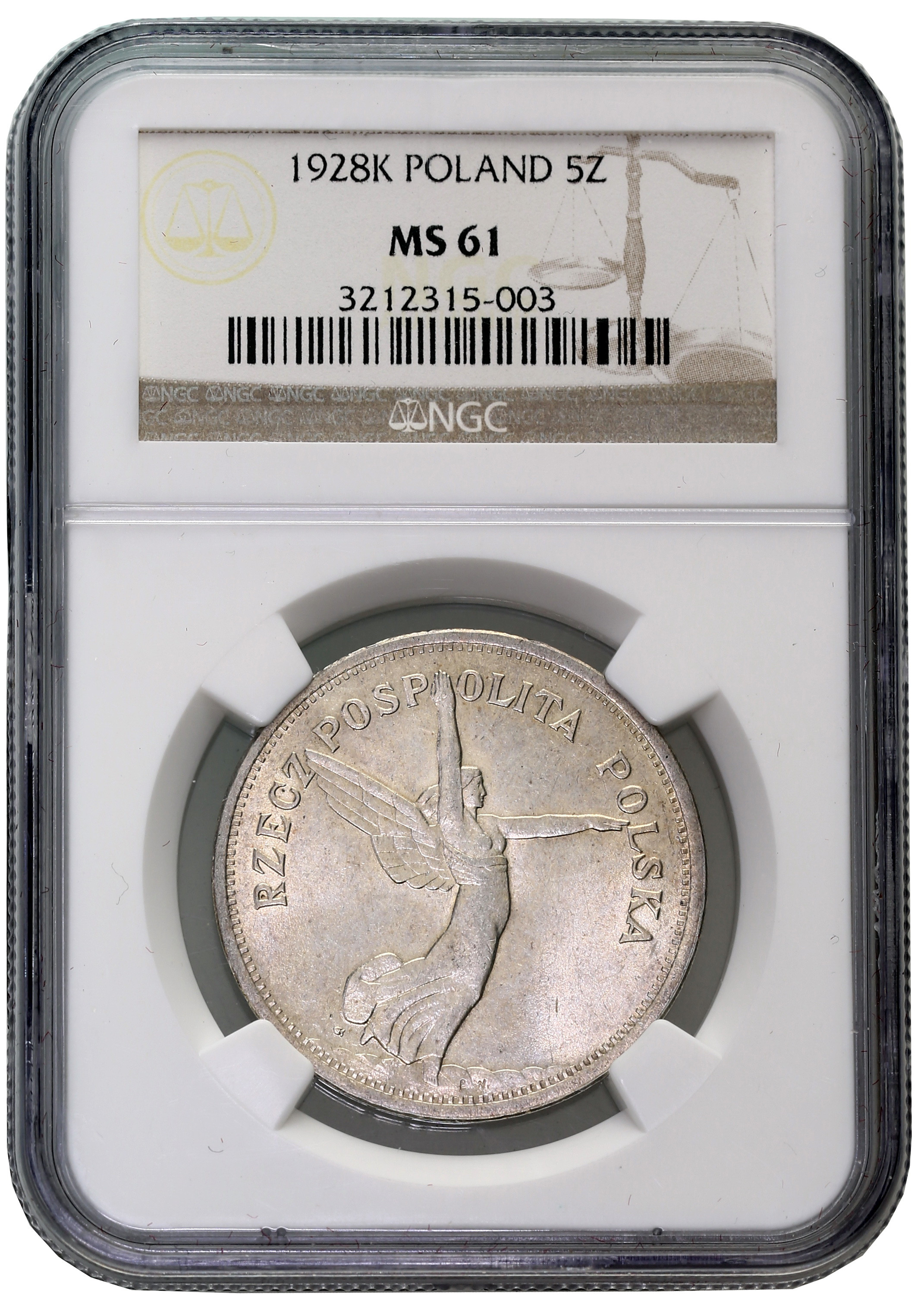 II RP. 5 złotych 1928 Nike (ze znakiem)  NGC MS61 - PIĘKNA